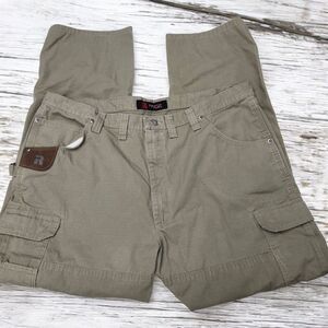 Wrangler Riggs Work Cargo Pants Mens 44x34 Greenish Tan Canvas Ripstop Workwear